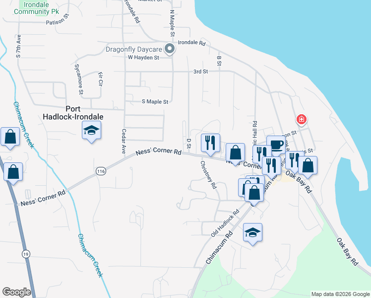 map of restaurants, bars, coffee shops, grocery stores, and more near 711 Ness' Corner Road in Port Hadlock-Irondale