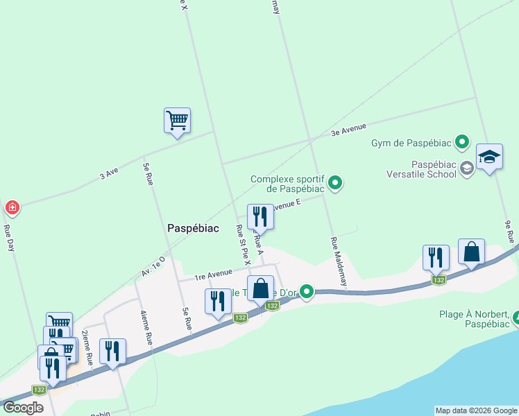 map of restaurants, bars, coffee shops, grocery stores, and more near 15 2e Avenue Est in Paspã©Biac