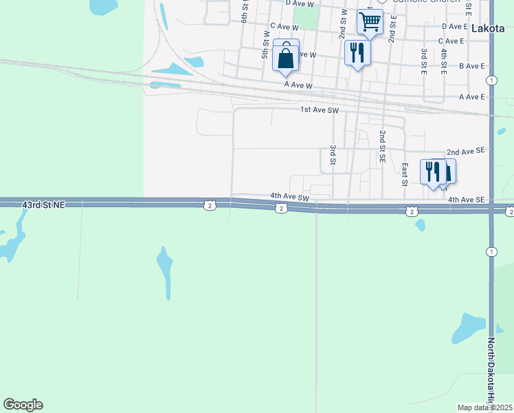 map of restaurants, bars, coffee shops, grocery stores, and more near 600 4th Avenue Southwest in Lakota