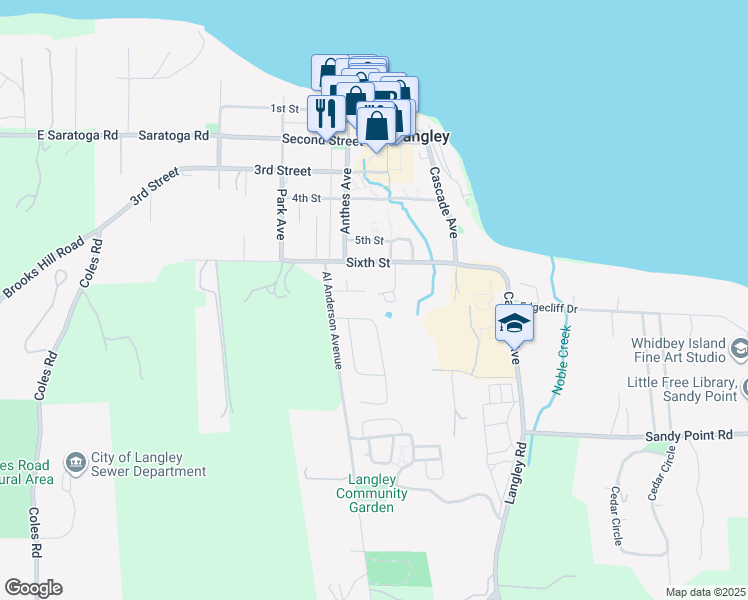 map of restaurants, bars, coffee shops, grocery stores, and more near 221 East 6th Street in Langley