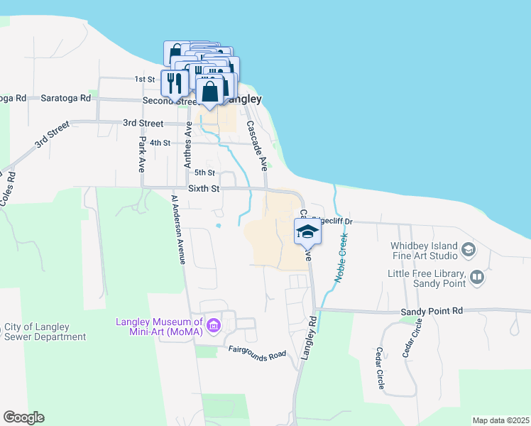 map of restaurants, bars, coffee shops, grocery stores, and more near 657 Arbor Crest Court in Langley
