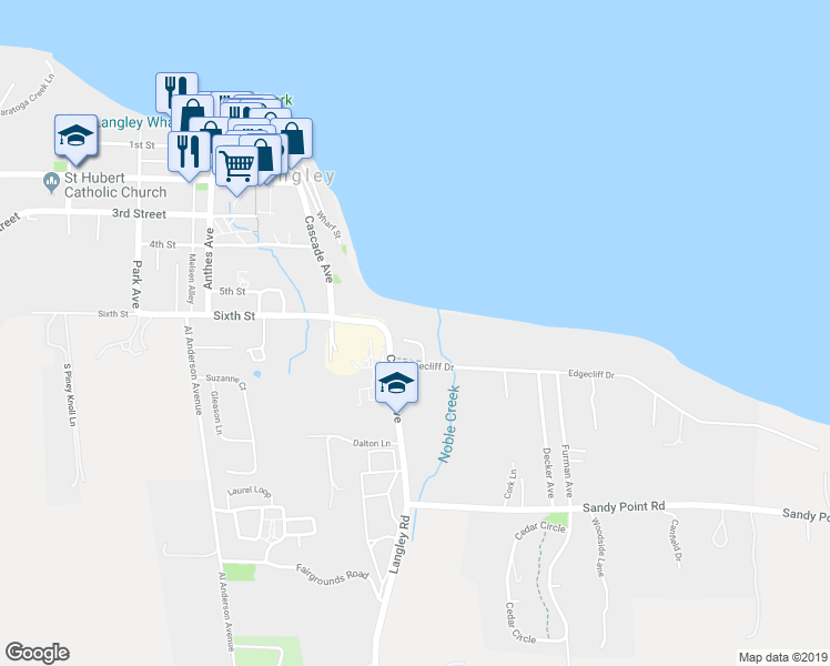 map of restaurants, bars, coffee shops, grocery stores, and more near 301 Noblecliff Place in Langley