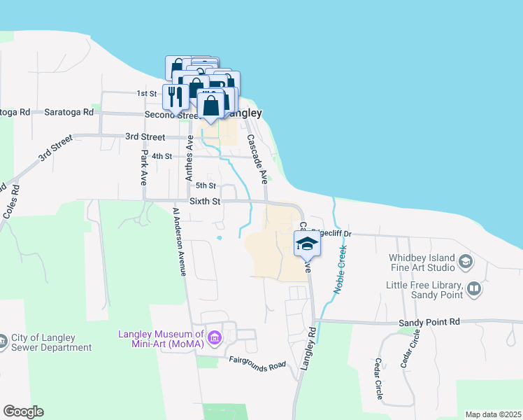 map of restaurants, bars, coffee shops, grocery stores, and more near 625 Arbor Crest Court in Langley