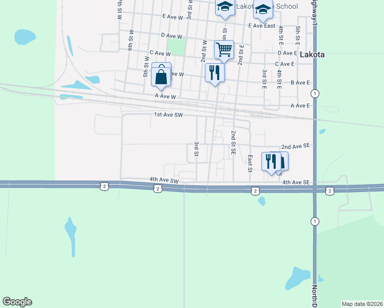 map of restaurants, bars, coffee shops, grocery stores, and more near 301-317 3rd Street in Lakota