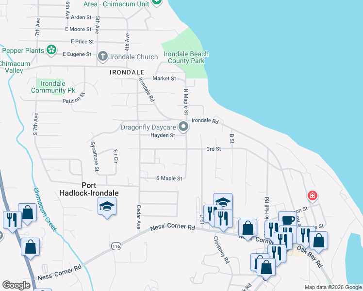 map of restaurants, bars, coffee shops, grocery stores, and more near 100 South Maple Street in Port Hadlock-Irondale