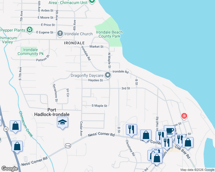 map of restaurants, bars, coffee shops, grocery stores, and more near 100 South Maple Street in Port Hadlock-Irondale