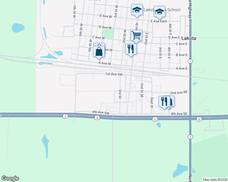 map of restaurants, bars, coffee shops, grocery stores, and more near 257 2nd Avenue Southwest in Lakota