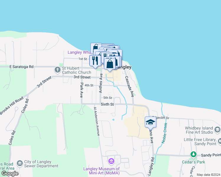 map of restaurants, bars, coffee shops, grocery stores, and more near 125 4th Street in Langley
