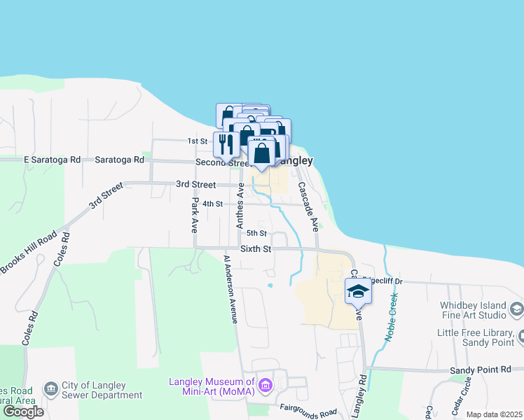 map of restaurants, bars, coffee shops, grocery stores, and more near 125 4th Street in Langley