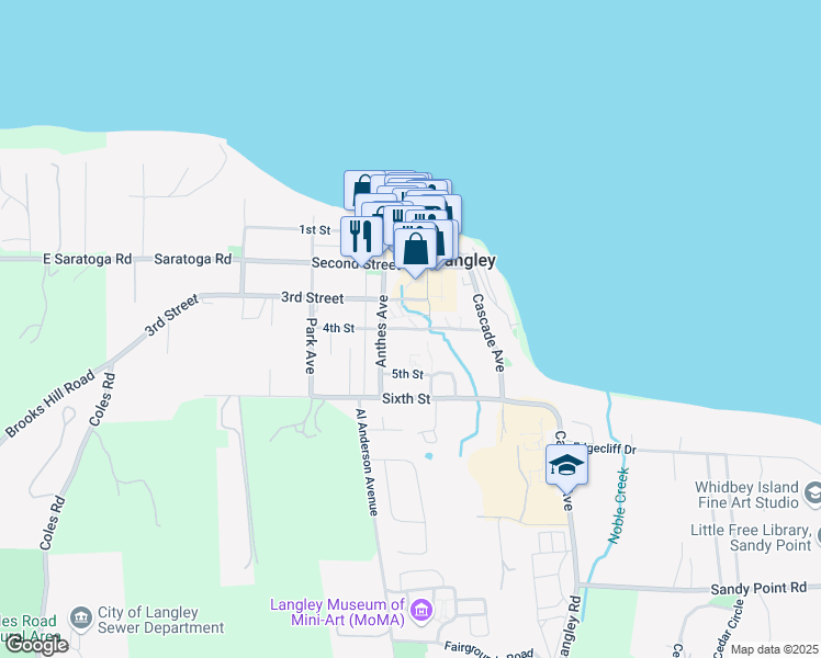 map of restaurants, bars, coffee shops, grocery stores, and more near 125 4th Street in Langley