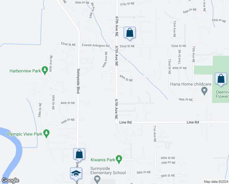 map of restaurants, bars, coffee shops, grocery stores, and more near 4702 67th Avenue Northeast in Marysville