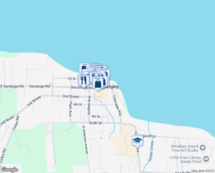 map of restaurants, bars, coffee shops, grocery stores, and more near 112 Second Street in Langley