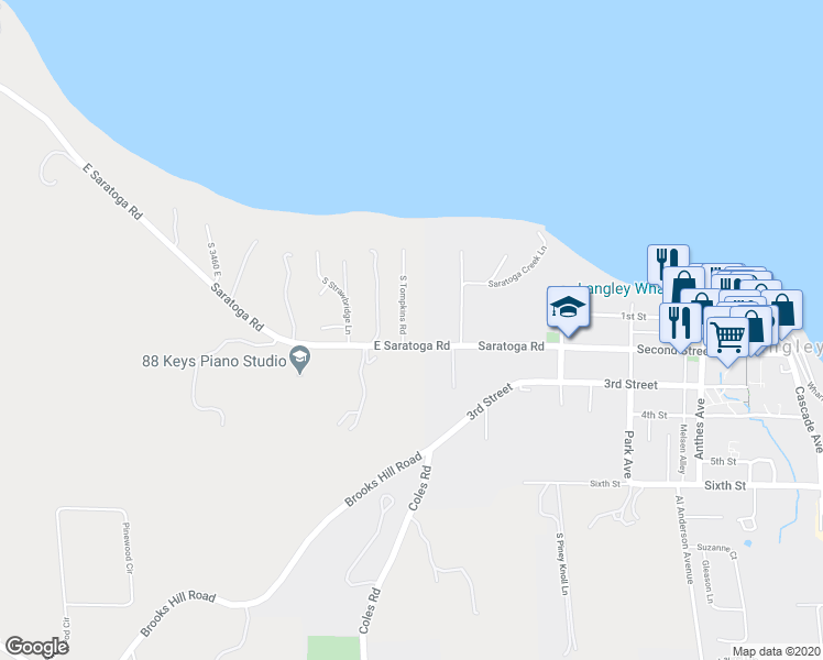 map of restaurants, bars, coffee shops, grocery stores, and more near 4683 South Tompkins Road in Langley