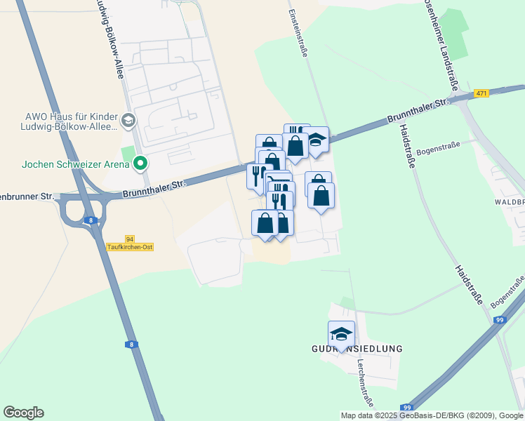 map of restaurants, bars, coffee shops, grocery stores, and more near Zusestraße in Upper Bavaria