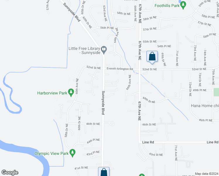 map of restaurants, bars, coffee shops, grocery stores, and more near 4925 Sunnyside Boulevard in Marysville