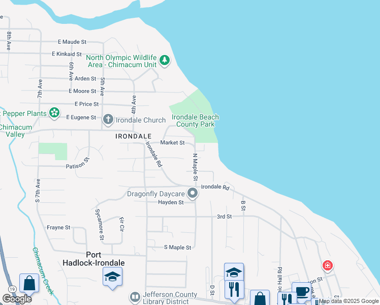map of restaurants, bars, coffee shops, grocery stores, and more near 121 North Maple Street in Port Hadlock-Irondale