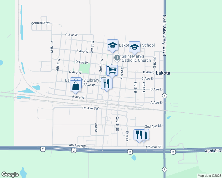 map of restaurants, bars, coffee shops, grocery stores, and more near 101-135 2nd Street East in Lakota