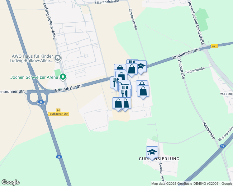 map of restaurants, bars, coffee shops, grocery stores, and more near Zusestraße in Upper Bavaria