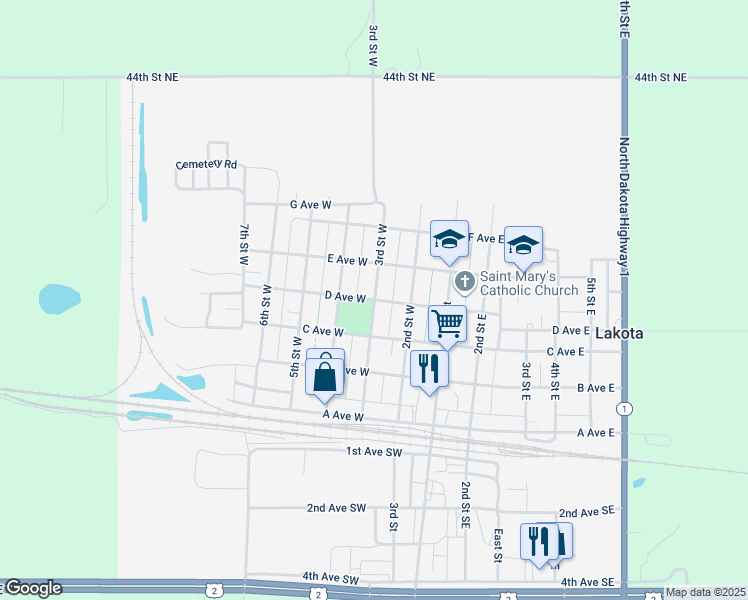 map of restaurants, bars, coffee shops, grocery stores, and more near 301 D Avenue West in Lakota