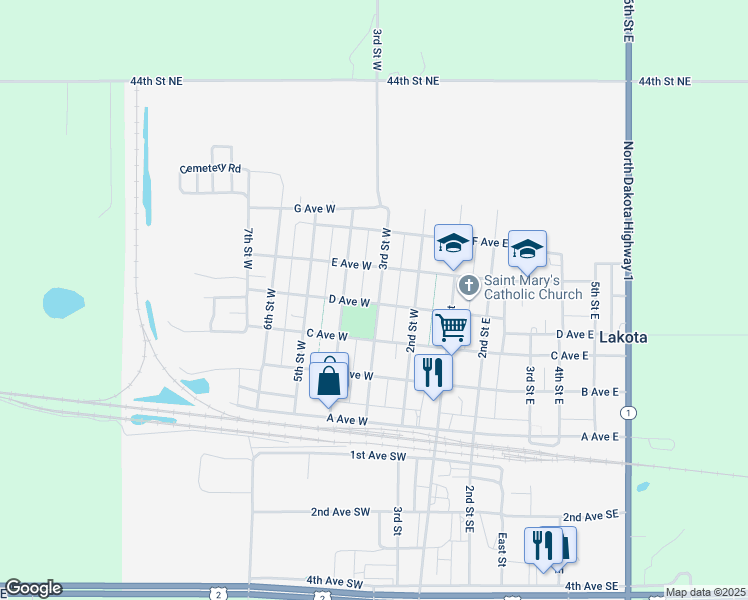 map of restaurants, bars, coffee shops, grocery stores, and more near 301-349 D Avenue West in Lakota