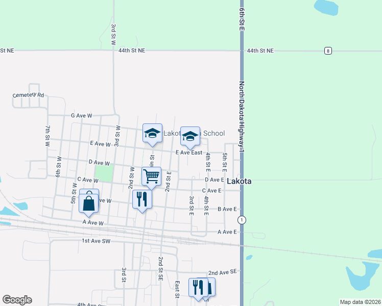 map of restaurants, bars, coffee shops, grocery stores, and more near 500-598 3rd St E in Lakota