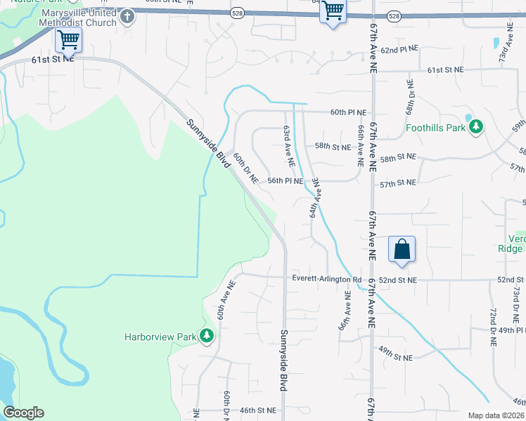 map of restaurants, bars, coffee shops, grocery stores, and more near 5515 Sunnyside Boulevard in Marysville
