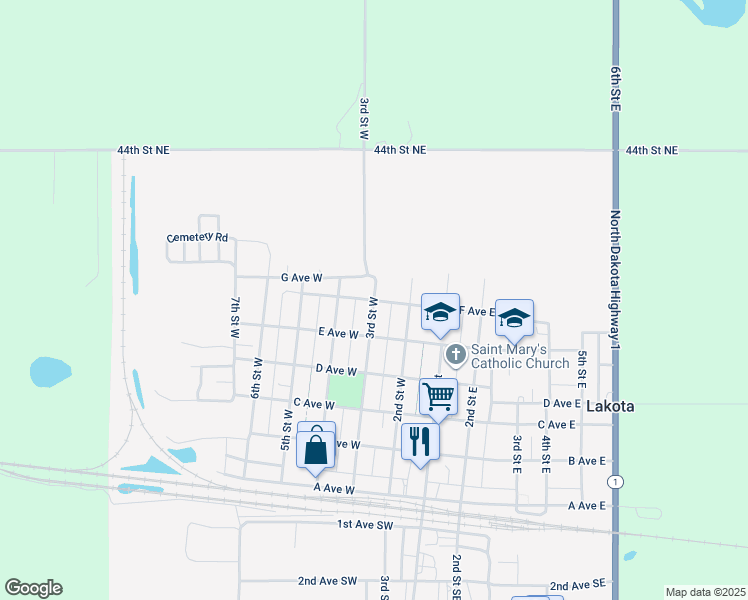 map of restaurants, bars, coffee shops, grocery stores, and more near 600 3rd Street West in Lakota