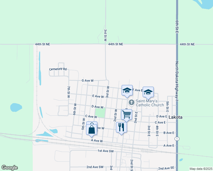 map of restaurants, bars, coffee shops, grocery stores, and more near 600-698 3rd Street West in Lakota