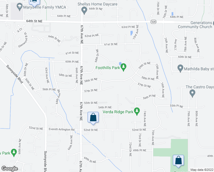 map of restaurants, bars, coffee shops, grocery stores, and more near 6911 57th Street Northeast in Marysville