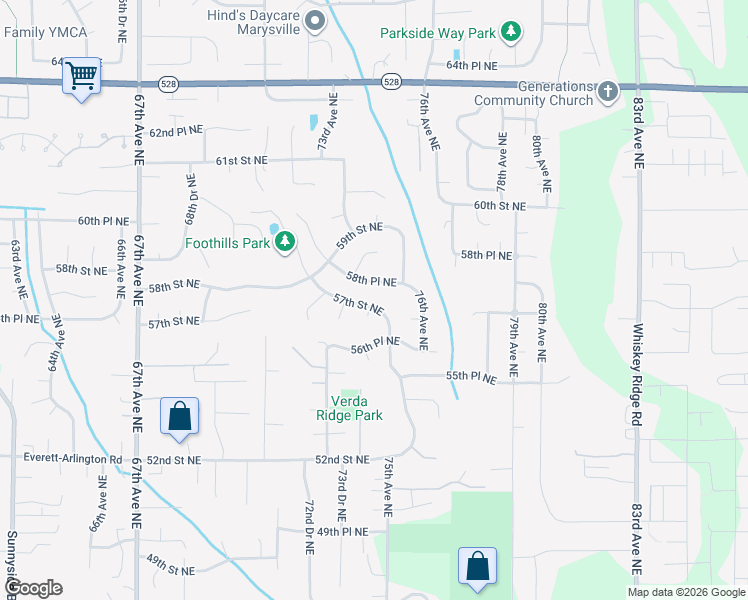 map of restaurants, bars, coffee shops, grocery stores, and more near 7313 57th Street Northeast in Marysville
