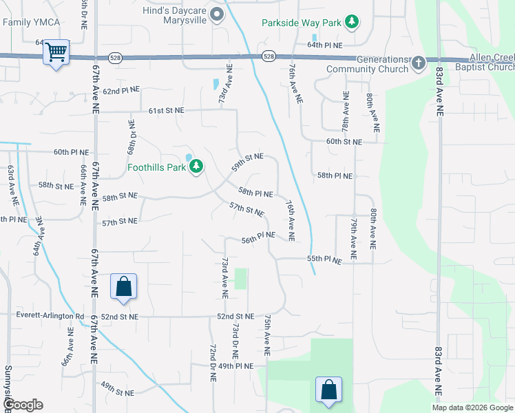 map of restaurants, bars, coffee shops, grocery stores, and more near 7313 57th Street Northeast in Marysville
