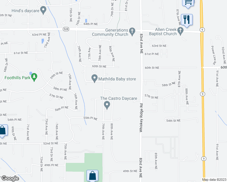 map of restaurants, bars, coffee shops, grocery stores, and more near 5723 80th Avenue Northeast in Marysville