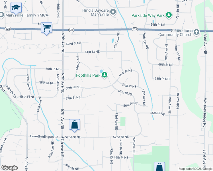 map of restaurants, bars, coffee shops, grocery stores, and more near 7115 58th Street Northeast in Marysville