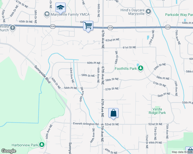 map of restaurants, bars, coffee shops, grocery stores, and more near 6528 58th Street Northeast in Marysville