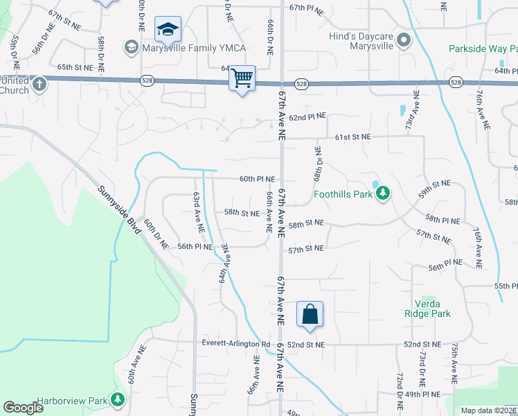 map of restaurants, bars, coffee shops, grocery stores, and more near 6528 58th Street Northeast in Marysville