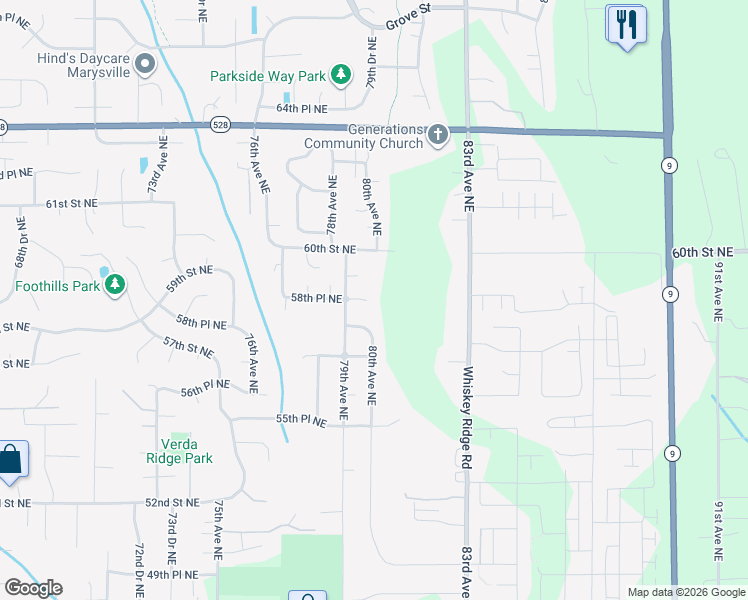 map of restaurants, bars, coffee shops, grocery stores, and more near 7911 58th Street Northeast in Marysville