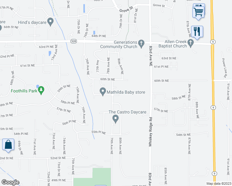 map of restaurants, bars, coffee shops, grocery stores, and more near 7903 58th Place Northeast in Marysville