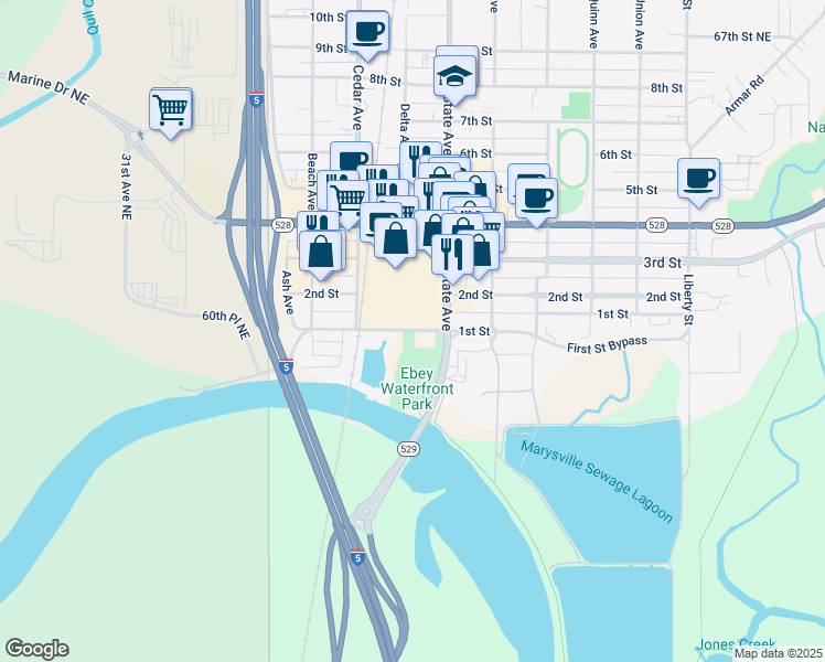 map of restaurants, bars, coffee shops, grocery stores, and more near 1404 1st Street in Marysville