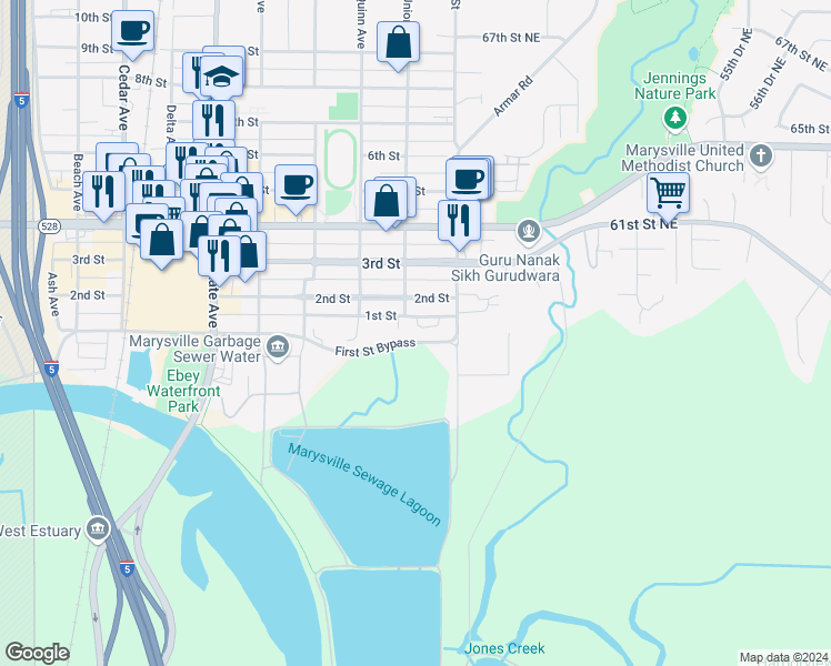 map of restaurants, bars, coffee shops, grocery stores, and more near 1830 1st Street in Marysville