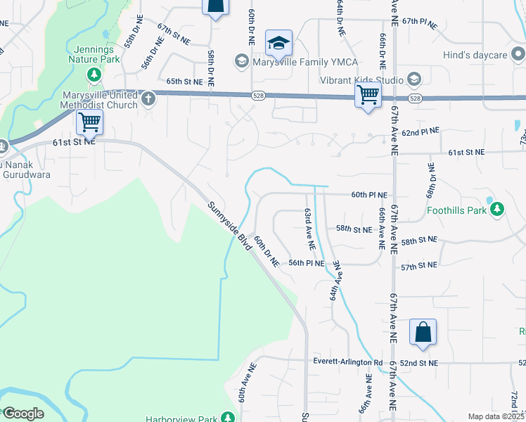 map of restaurants, bars, coffee shops, grocery stores, and more near 5823 60th Drive Northeast in Marysville