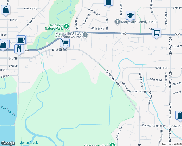 map of restaurants, bars, coffee shops, grocery stores, and more near 5912 57th Drive Northeast in Marysville