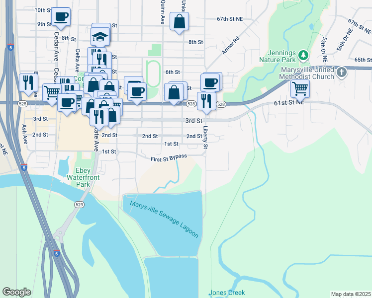 map of restaurants, bars, coffee shops, grocery stores, and more near 1916 1st Street in Marysville