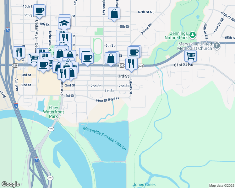 map of restaurants, bars, coffee shops, grocery stores, and more near 1910 1st Street in Marysville