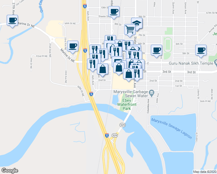 map of restaurants, bars, coffee shops, grocery stores, and more near 103 Cedar Avenue in Marysville