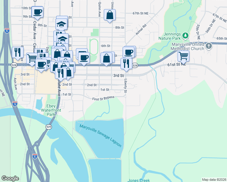 map of restaurants, bars, coffee shops, grocery stores, and more near 1902 1st Street in Marysville