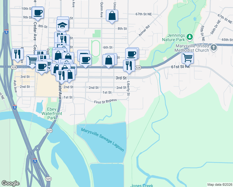 map of restaurants, bars, coffee shops, grocery stores, and more near 1908 2nd Street in Marysville
