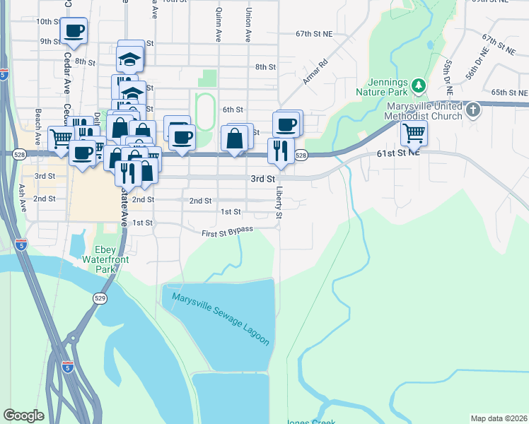 map of restaurants, bars, coffee shops, grocery stores, and more near 1908 2nd Street in Marysville