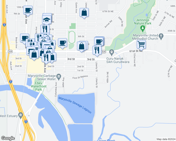 map of restaurants, bars, coffee shops, grocery stores, and more near 1922 1st Street in Marysville