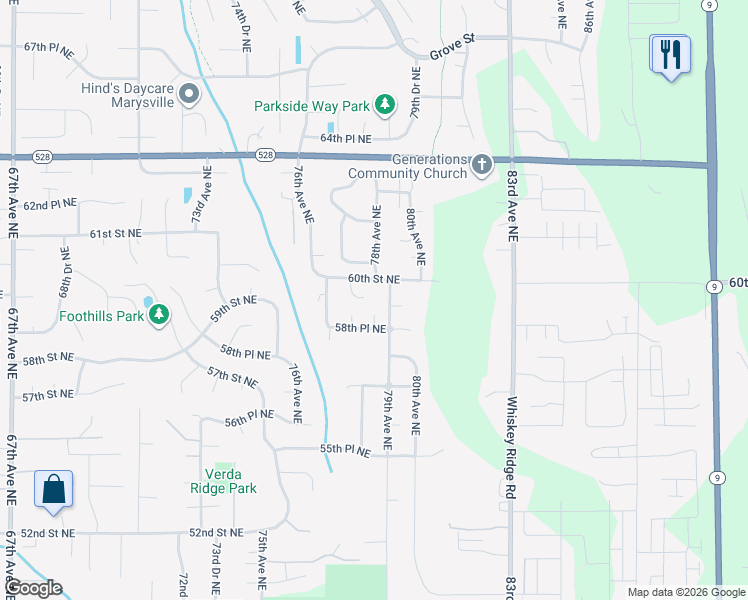 map of restaurants, bars, coffee shops, grocery stores, and more near 5900 77th Drive Northeast in Marysville