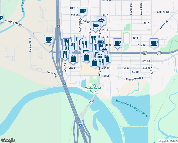 map of restaurants, bars, coffee shops, grocery stores, and more near 205 Marysville Mall in Marysville